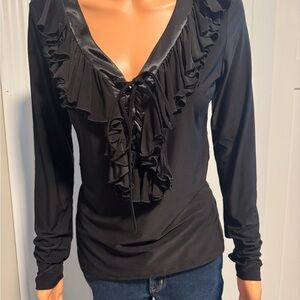 INC International Concepts Black Ruffle V-Neck Blouse